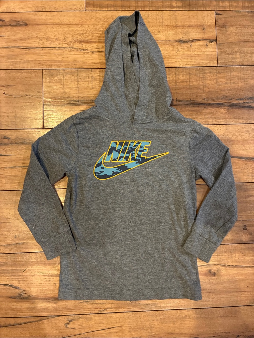 Nike Gray Hoodie with Blue Camo Logo and Yellow Outline